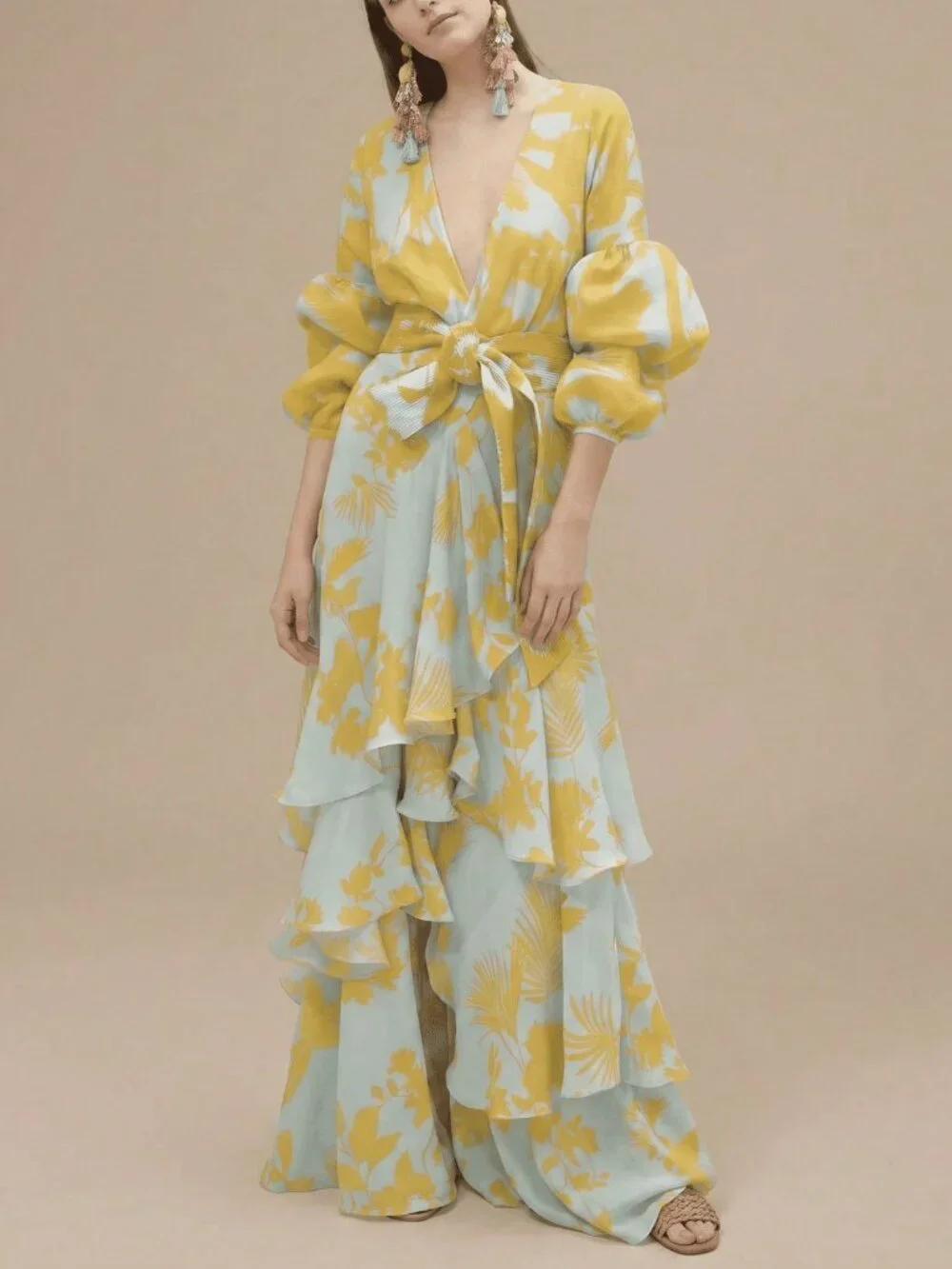Yellow Elegant Women's V-Neck Maxi Dress with Long Sleeves and Tiered Skirt - Picture 3 of 3